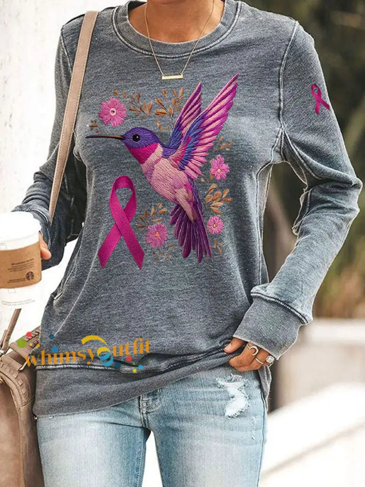 Women’s Breast Cancer Hummingbird Print Casual Sweatshirt Gray / S