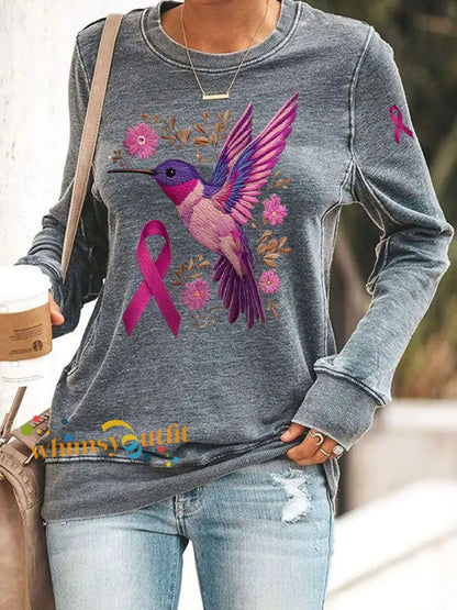 Women’s Breast Cancer Hummingbird Print Casual Sweatshirt Gray / S