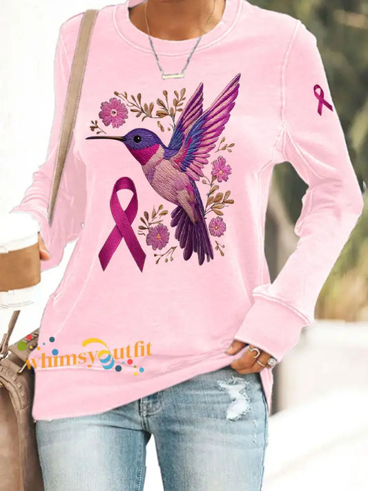 Women’s Breast Cancer Hummingbird Print Casual Sweatshirt Pink / S