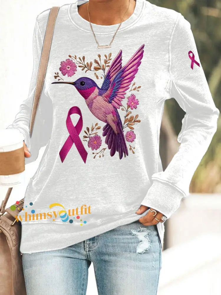 Women’s Breast Cancer Hummingbird Print Casual Sweatshirt White / S