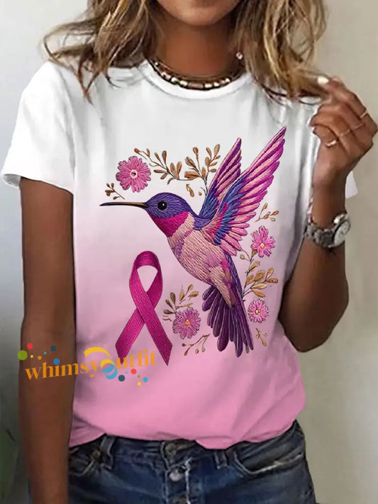 Women’s Breast Cancer Hummingbird Print Casual T Shirt Pink / S