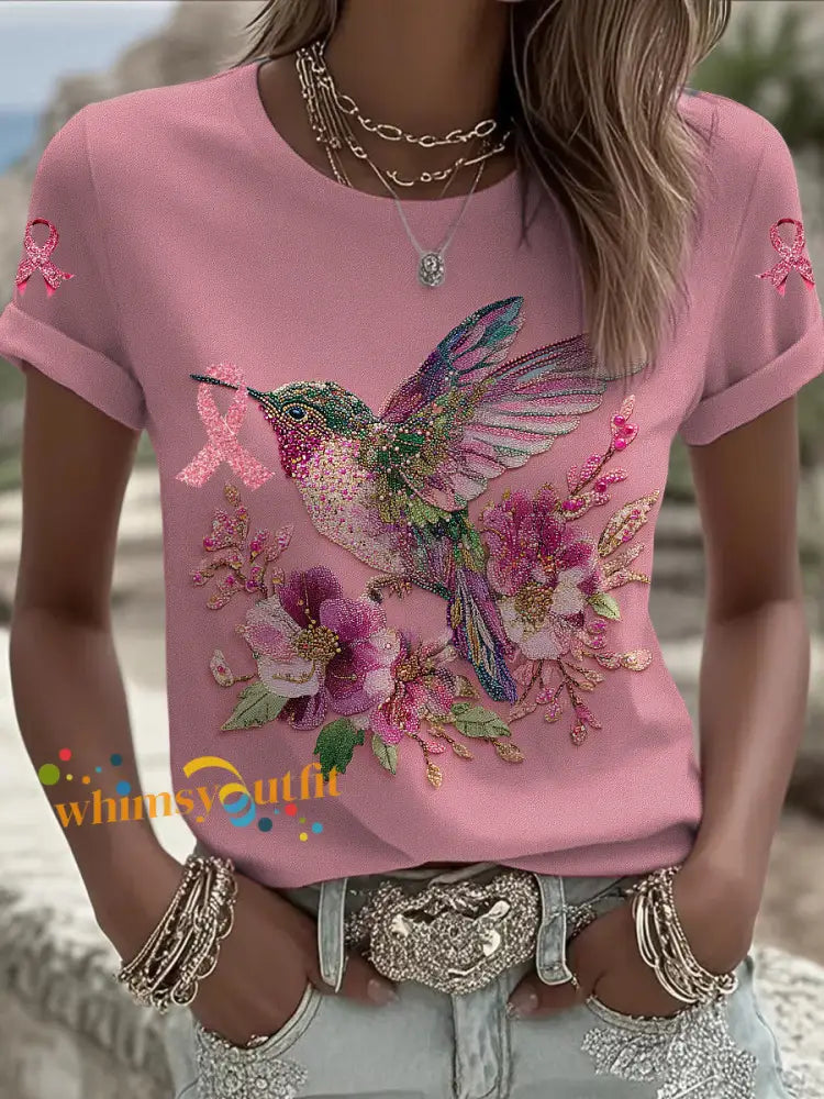 Women’s Breast Cancer Hummingbird Printed Vintage Fashion Loose Short Sleeve T Shirt Pink / S