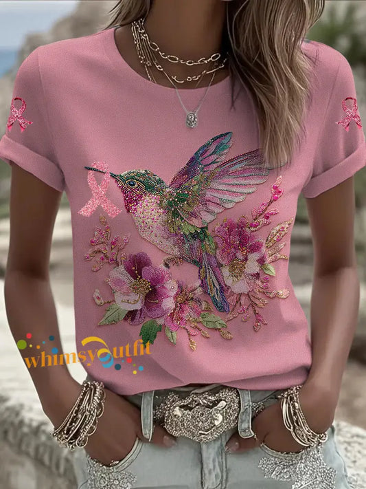 Women’s Breast Cancer Hummingbird Printed Vintage Fashion Loose Short Sleeve T Shirt Pink / S