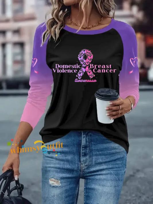 Women’s Breast Cancer long sleeved T shirt with dropped shoulders Black / S