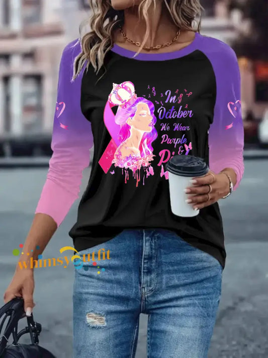 Women’s Breast Cancer long sleeved T shirt with dropped shoulders Black / S