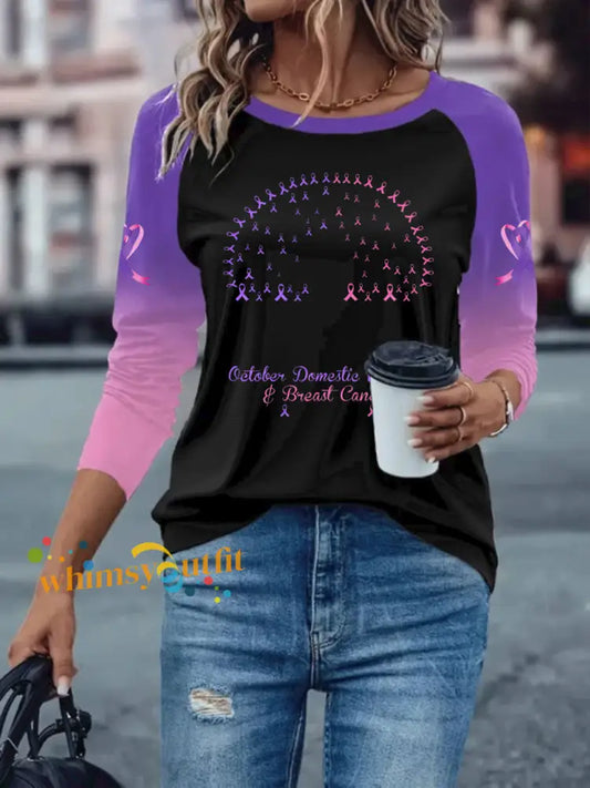 Women’s Breast Cancer long sleeved T shirt with dropped shoulders Black / S