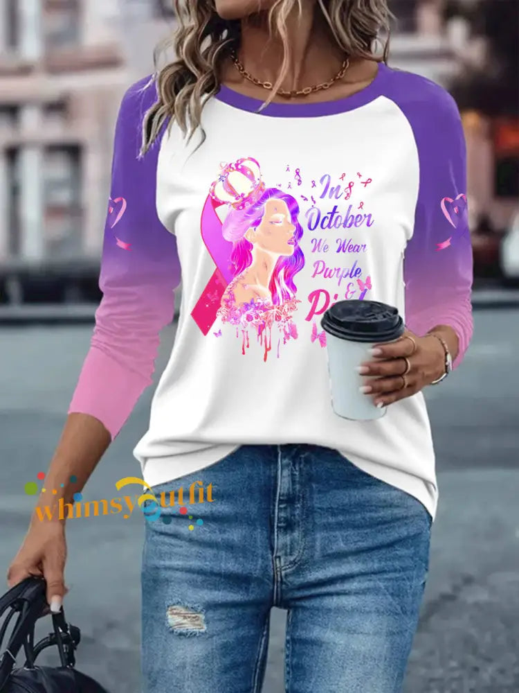 Women’s Breast Cancer long sleeved T shirt with dropped shoulders White / S