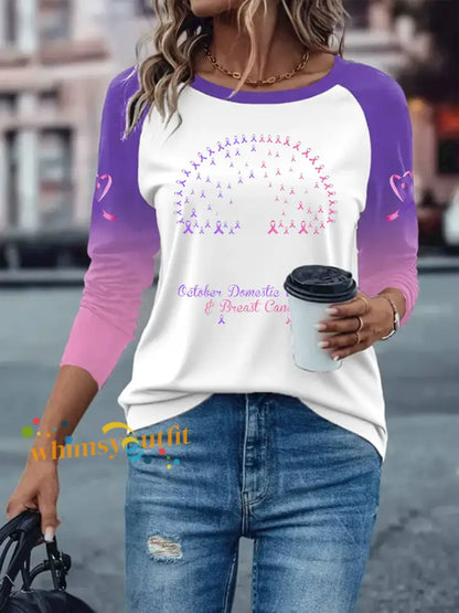 Women’s Breast Cancer long sleeved T shirt with dropped shoulders White / S