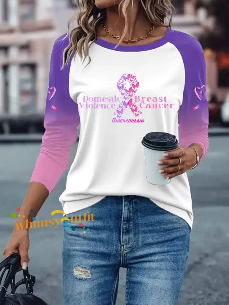Women’s Breast Cancer long sleeved T shirt with dropped shoulders White / S