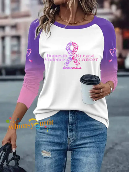 Women’s Breast Cancer long sleeved T shirt with dropped shoulders White / S