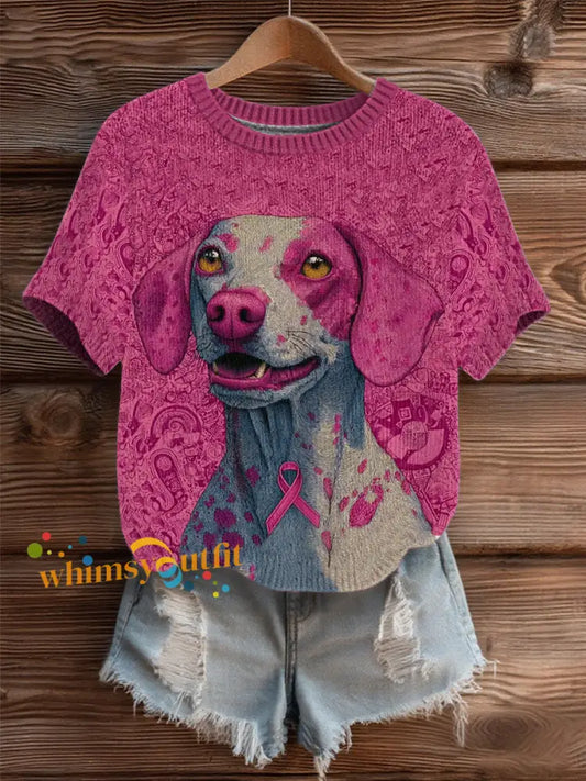 Women’s Breast Cancer Patchwork Dog Art Cozy Knit Top As picture / S