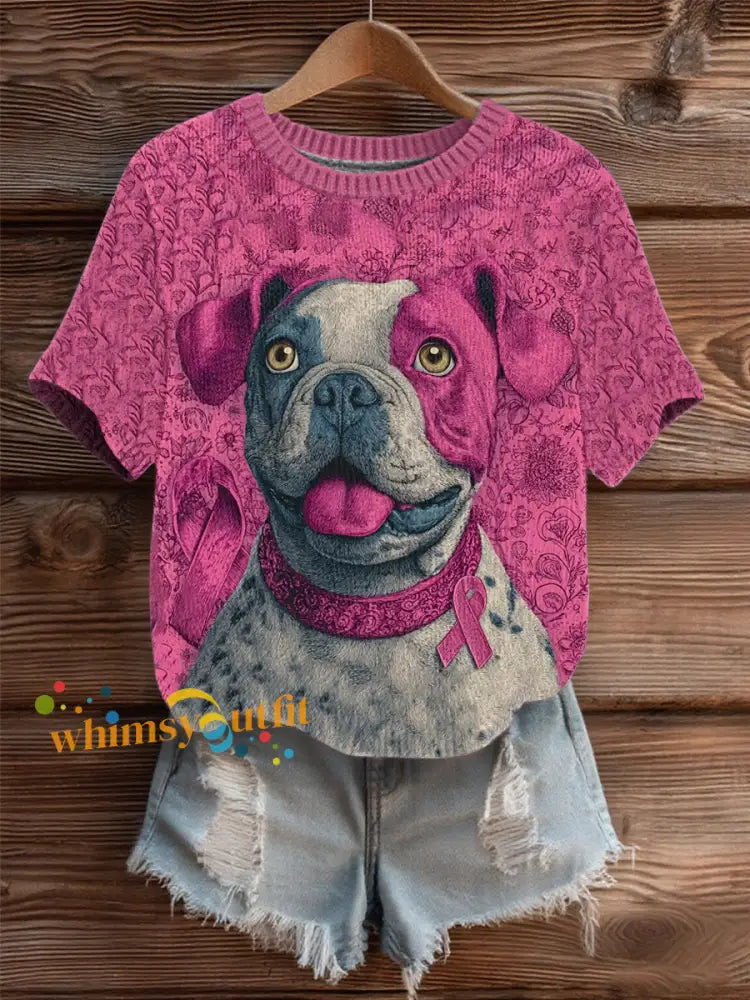 Women’s Breast Cancer Patchwork Dog Art Cozy Knit Top As picture / S