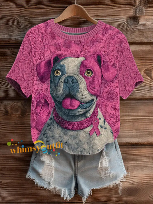 Women’s Breast Cancer Patchwork Dog Art Cozy Knit Top As picture / S