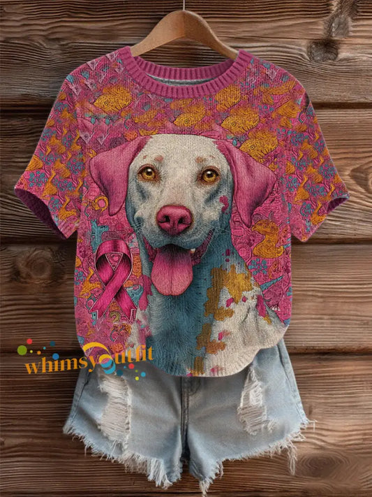 Women’s Breast Cancer Patchwork Dog Art Cozy Knit Top As picture / S