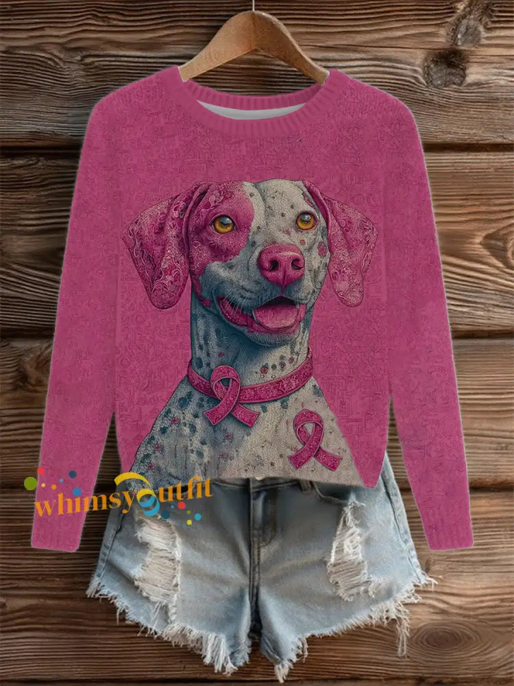 Women’s Breast Cancer Patchwork Dog Art Knitted Sweater As picture / S