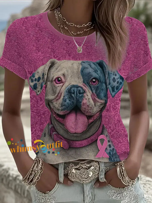 Women’s Breast Cancer Patchwork Dog Art Printed T shirt As picture / S