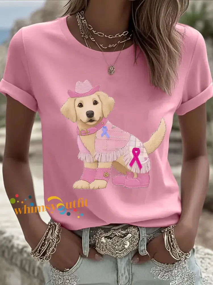 Women’s Breast Cancer Patchwork Dog Art Printed T shirt Pink / S