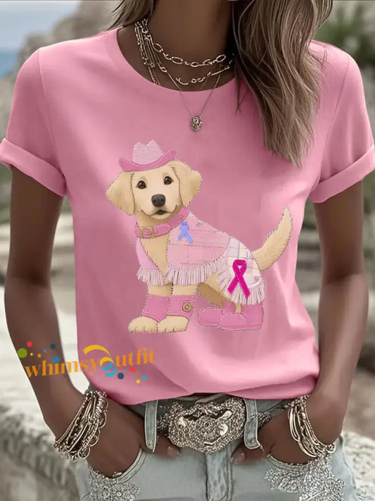 Women’s Breast Cancer Patchwork Dog Art Printed T shirt Pink / S