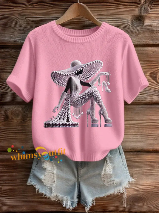 Women’s Breast Cancer Pearl Art Cozy Knit Top Pink / S
