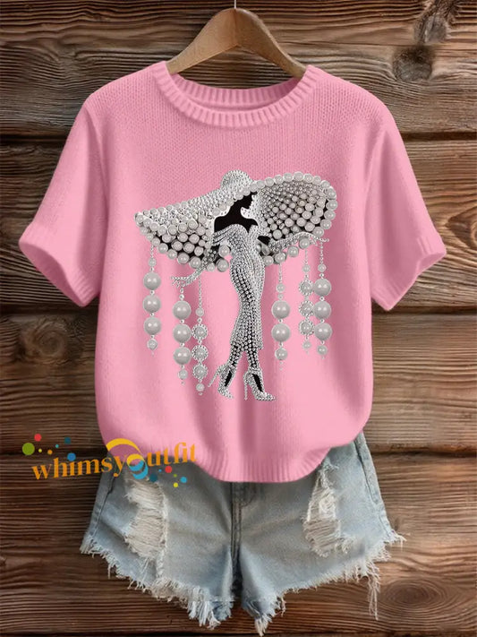 Women’s Breast Cancer Pearl Art Cozy Knit Top Pink / S