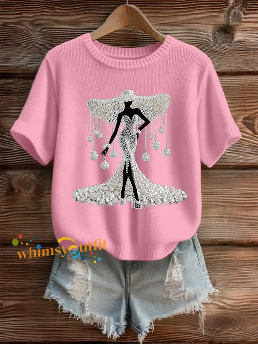Women’s Breast Cancer Pearl Art Cozy Knit Top Pink / S
