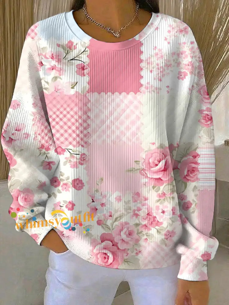 Women’s Breast Cancer Pink Print Casual Sweatshirt As picture / S