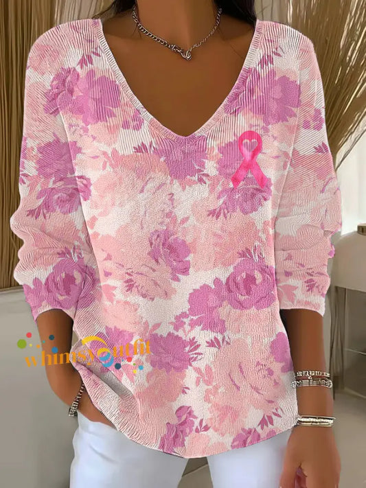 Women’s Breast Cancer Pink Printed Casual Top As picture / S