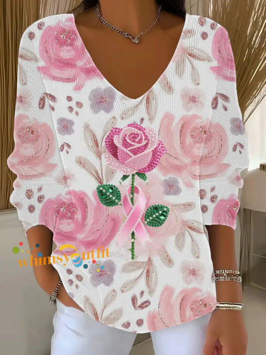 Women’s Breast Cancer Pink Printed Casual Top As picture / S