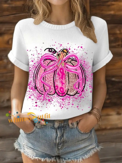 Women’s Breast Cancer Pink Ribbon Pumpkin Tops White / S