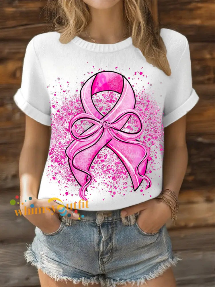 Women’s Breast Cancer Pink Ribbon Tops White / S
