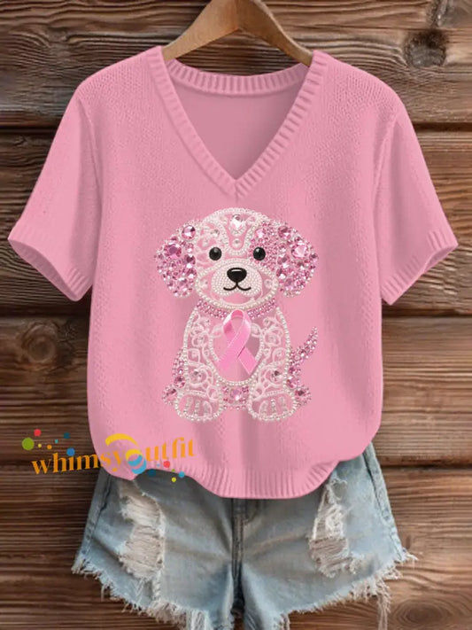Women’s Breast Cancer Pink V Neck Comfortable Knit Sweater As picture / S