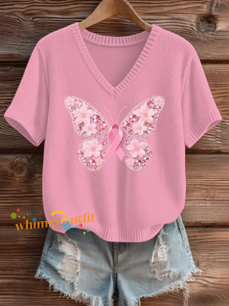 Women’s Breast Cancer Pink V Neck Comfortable Knit Sweater As picture / S