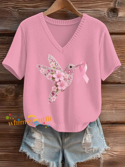 Women’s Breast Cancer Pink V Neck Comfortable Knit Sweater As picture / S