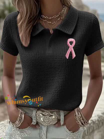 Women’s Breast Cancer Pink Waffle Ribbon Tops Black / S