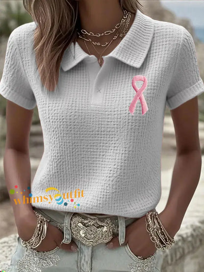 Women’s Breast Cancer Pink Waffle Ribbon Tops Gray / S