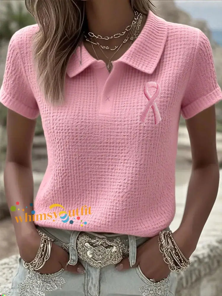 Women’s Breast Cancer Pink Waffle Ribbon Tops Pink / S