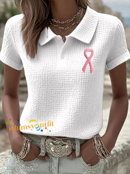 Women’s Breast Cancer Pink Waffle Ribbon Tops White / S