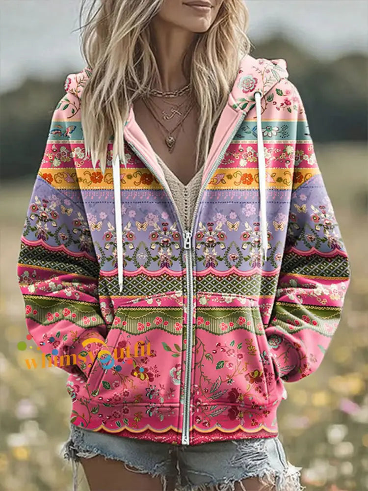 Women’s Breast Cancer Print Zip-Up Hoodie As picture / S