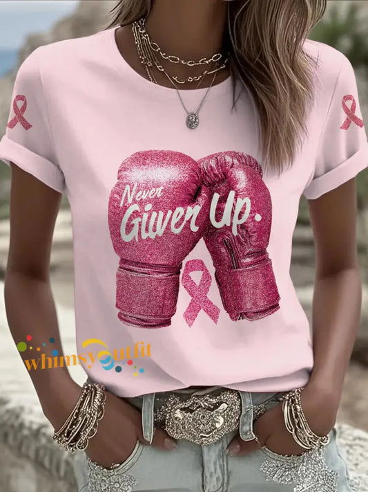 Women’s Breast Cancer Printed Vintage Fashion Loose Short Sleeve T Shirt Light Pink / S