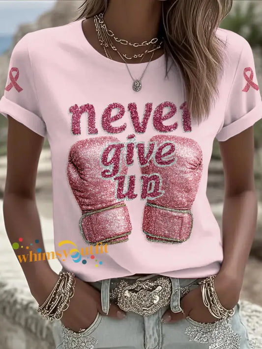 Women’s Breast Cancer Printed Vintage Fashion Loose Short Sleeve T Shirt Light Pink / S