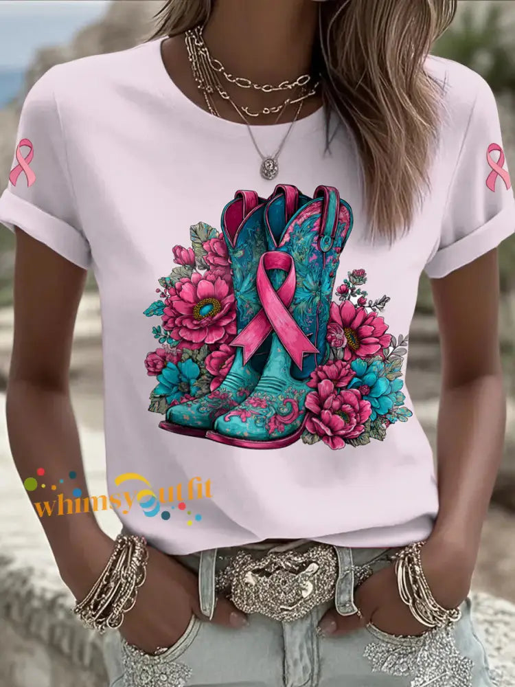 Women’s Breast Cancer Printed Vintage Fashion Loose Short Sleeve T Shirt Light Pink / S