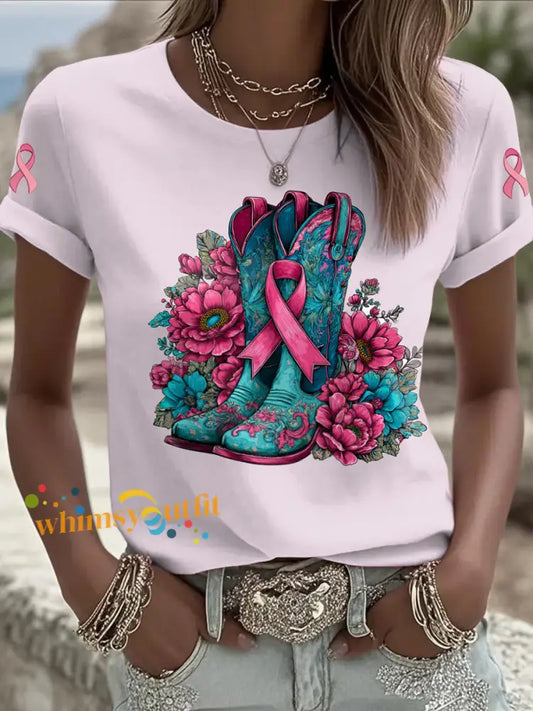Women’s Breast Cancer Printed Vintage Fashion Loose Short Sleeve T Shirt Light Pink / S