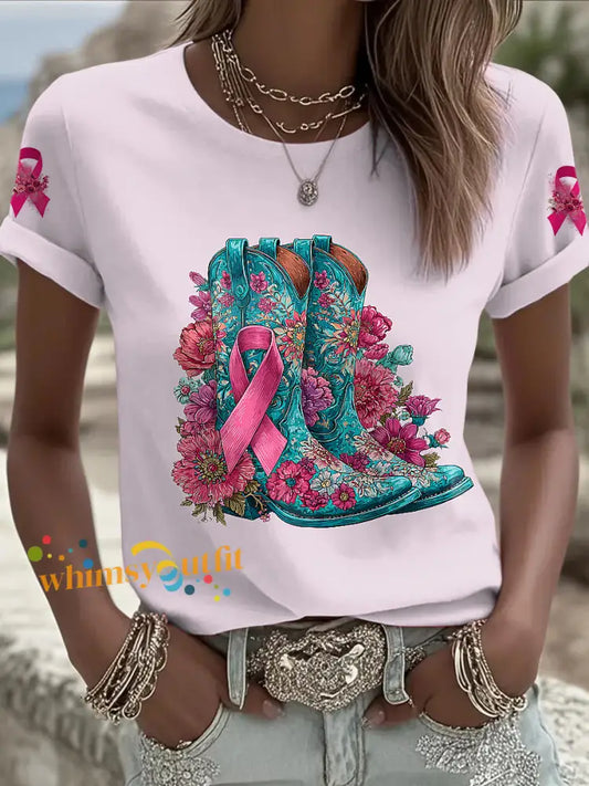 Women’s Breast Cancer Printed Vintage Fashion Loose Short Sleeve T Shirt Light Pink / S