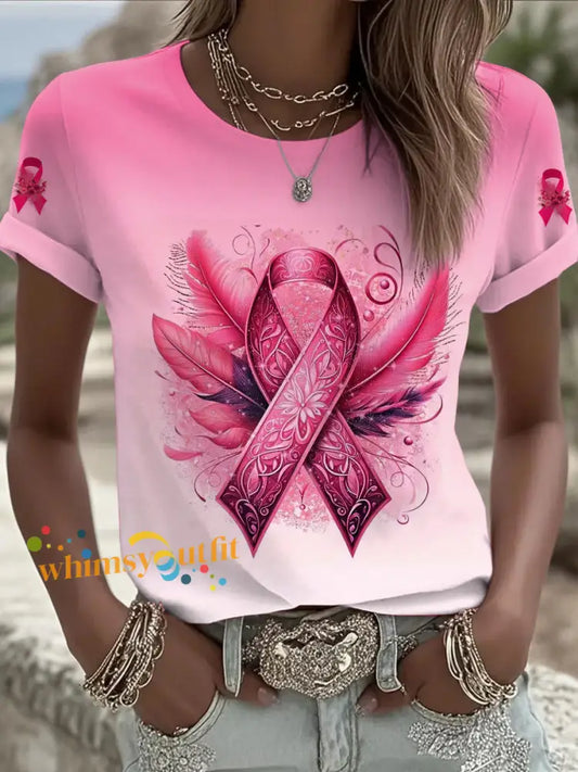 Women’s Breast Cancer Printed Vintage Fashion Loose Short Sleeve T Shirt Pink / S