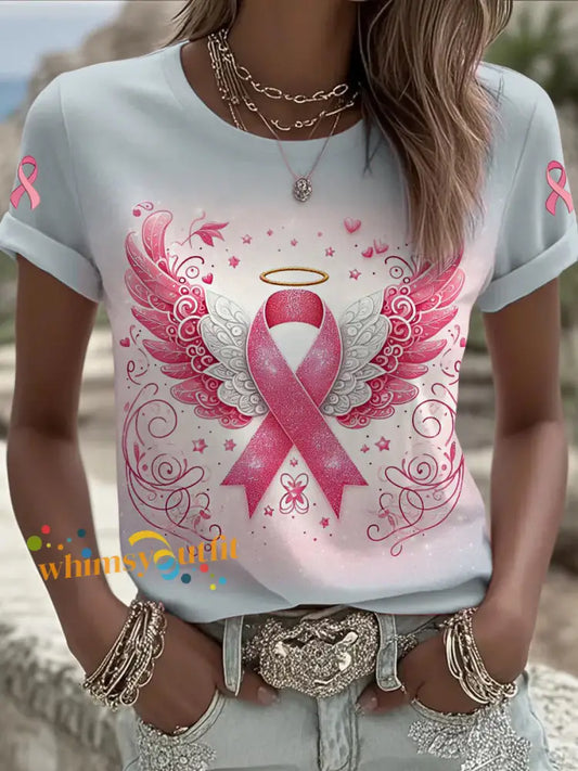 Women’s Breast Cancer Printed Vintage Fashion Loose Short Sleeve T Shirt Pink / S