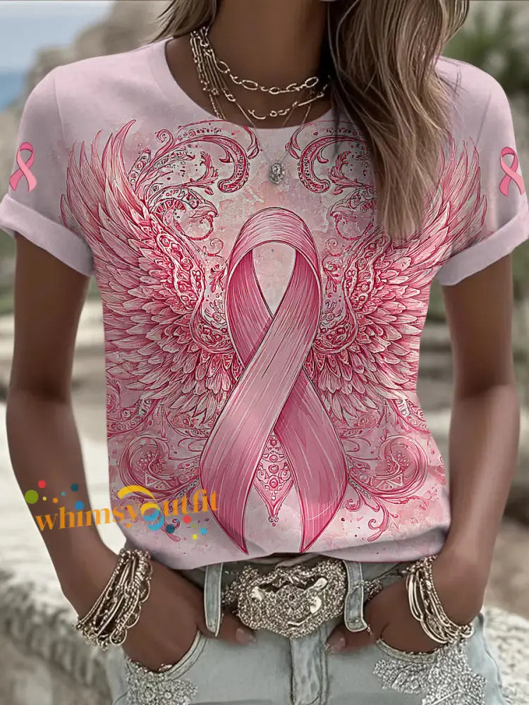 Women’s Breast Cancer Printed Vintage Fashion Loose Short Sleeve T Shirt Pink / S