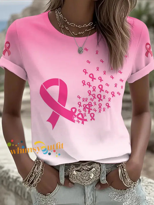 Women’s Breast Cancer Printed Vintage Fashion Loose Short Sleeve T Shirt Pink / S