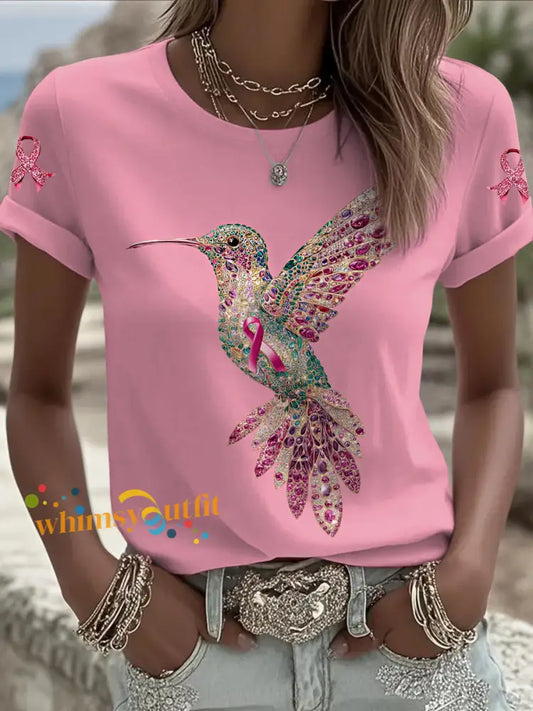 Women’s Breast Cancer Sequins Hummingbird Printed Vintage Fashion Loose Short Sleeve T Shirt Pink / S