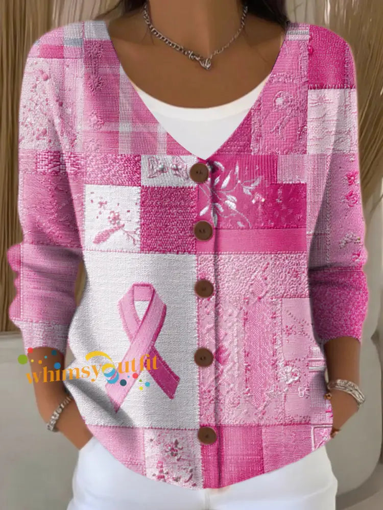 Women’s Breast Cancer Splice Print Button Cardigan Pink / S