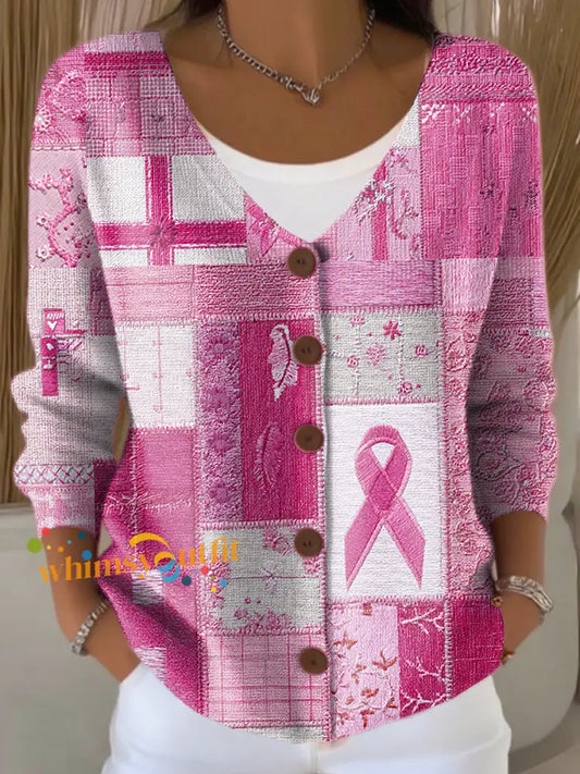 Women’s Breast Cancer Splice Print Button Cardigan Pink / S